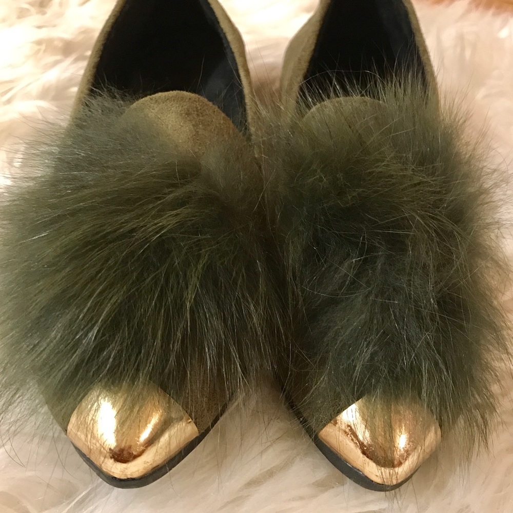 Olive Fur and Gold Flats